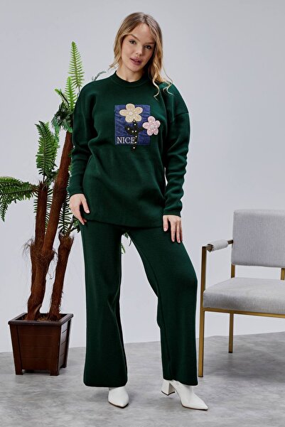 Jinx Wear Fashion Jeans Applique Pearl Detail 2 Piece Acrylic Women's Knitwear Set