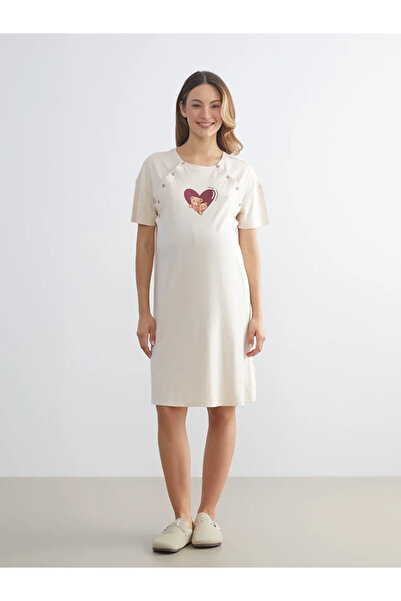 LC Waikiki LCW DREAM Bej Bisiklet Yaka Baskılı Hamile Gecelik