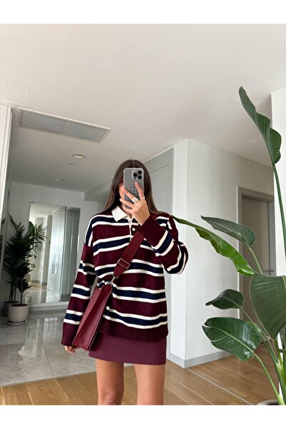 Narstorm Women's Polo Neck Burgundy-Cream Striped Sweater