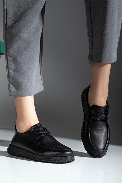 ALPELLİByAlp Women's Black Genuine Leather Soft Design Orthopedic Lightweight Oxford Casual Shoes