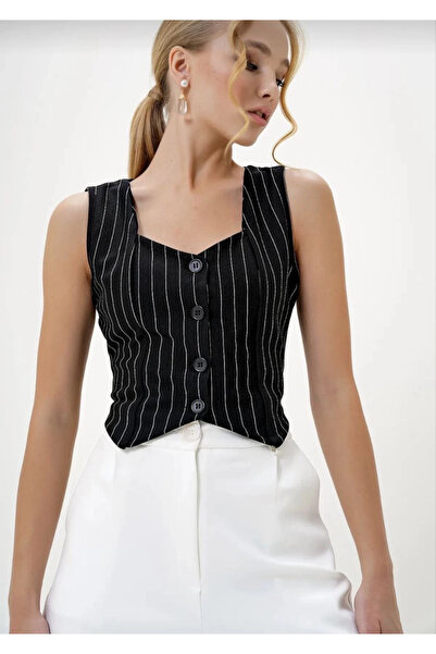 ZENGEZUR MALL Drnds Striped Crepe Buttoned Vest Black S3395 (03548) (Size: S)