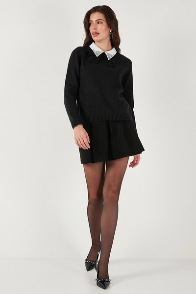 Lela Premium Regular Fit Shirt Collar Soft Textured Bow Detailed Stone Pullover Sweater 680Kz0003