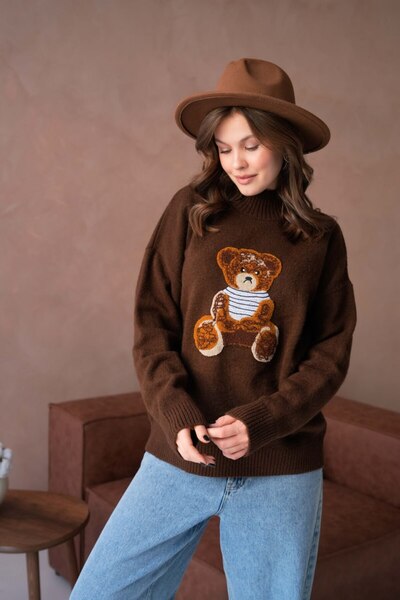 Noi Belis Oversized Teddy Bear Detailed Mock Neck Knitwear Sweater Aw25Kz0091