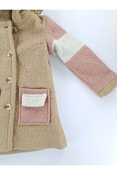Butik Girl's Cashmere Coat with Lining Premium Quality Hooded Buttons Detail (Detachable Hood)