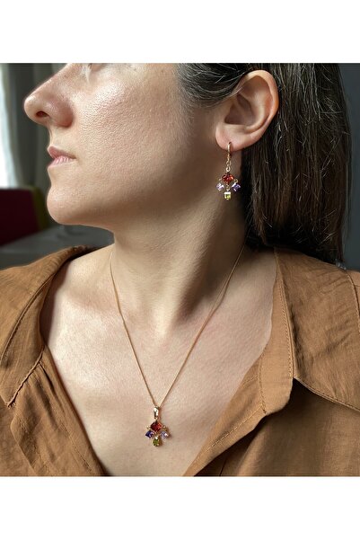 GOX Xuping Rose Gold Multi-Colored Stone Dangle Necklace-Earring Set