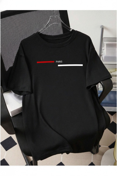 one button Unisex Şerit Paris Baskılı Basic Bisiklet Yaka Regular T-shirt %10...