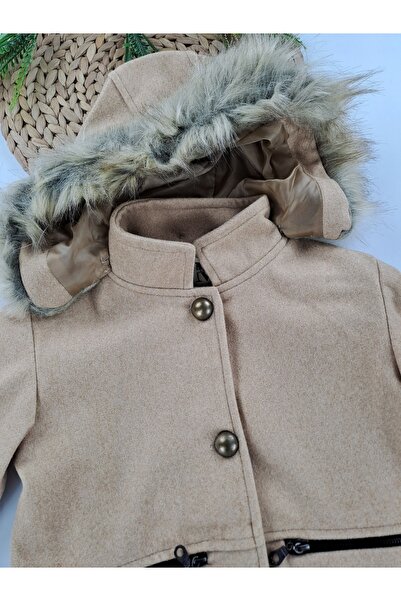 Butik Girl's Cashmere Coat with Lining Premium Quality Hooded Buttons Detail (Detachable Hood)