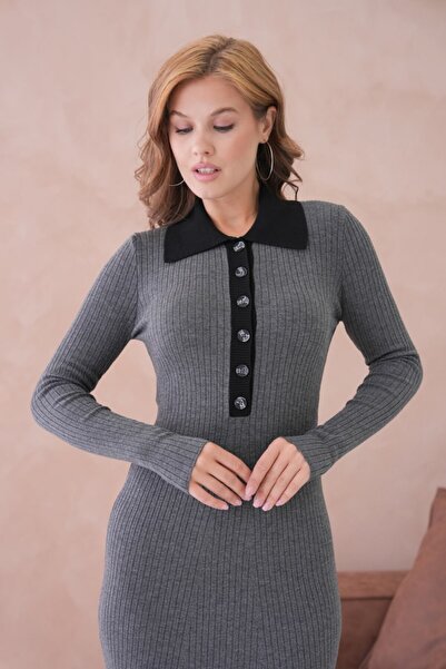 Noi Belis Maxi Boy Half Placket Button Polo Neck Knitwear Dress Aw25El0024