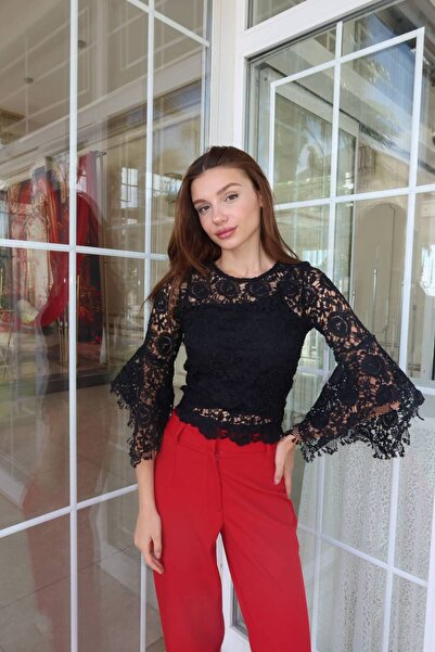 aytenli Round Neck Half Spanish Sleeve Lace-Up Back Zipper Suspender Innercrop Guipure Blouse Two-Piece Crispset