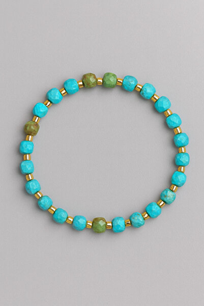 nss sky rock 5mm Cube Faceted Turquoise Natural Stone Bracelet 16-17 cm Handm...