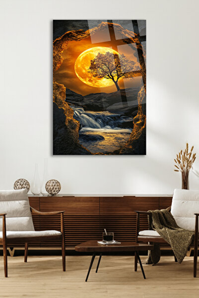TAULART Wonderful Design Golden Moon and Waterfall Landscape Glass Painting–Fantastic Nature Decorative Modern Landscape Painting