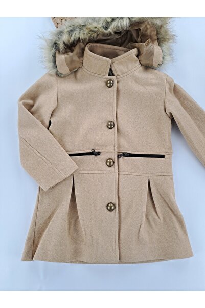 Butik Girl's Cashmere Coat with Lining Premium Quality Hooded Buttons Detail (Detachable Hood)