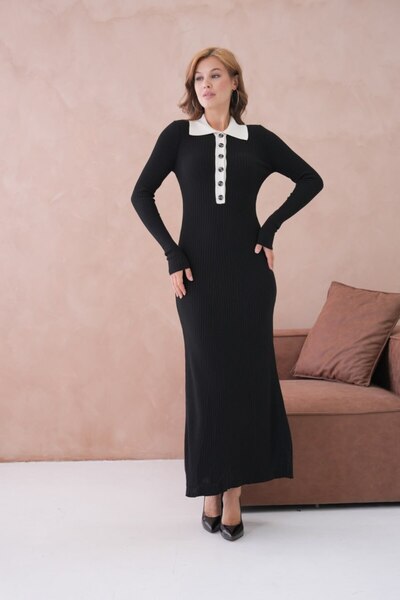 Noi Belis Maxi Boy Half Placket Button Polo Neck Knitwear Dress Aw25El0024