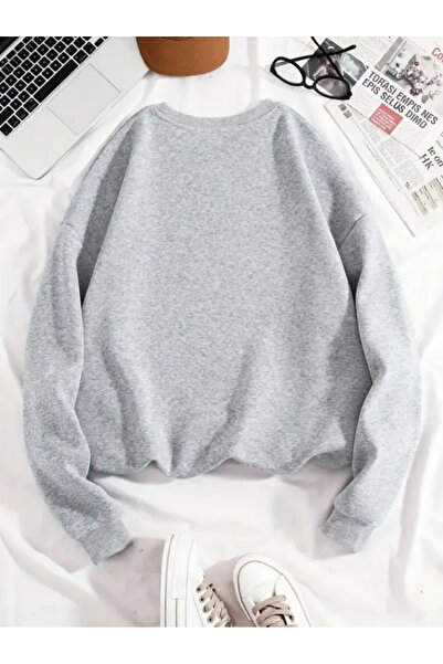 PALPİTO Women's Gray Christmas Stitch Printed Crew Neck Oversized Sweatshirt