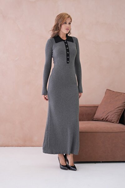 Noi Belis Maxi Boy Half Placket Button Polo Neck Knitwear Dress Aw25El0024