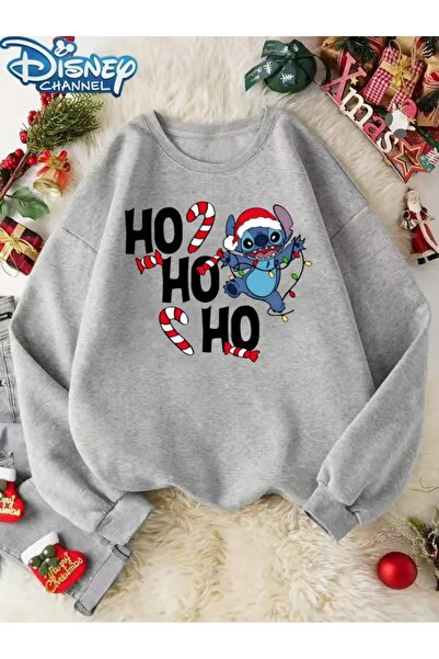 PALPİTO Women's Gray Christmas Stitch Printed Crew Neck Oversized Sweatshirt