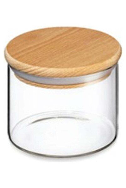Black Stone Glass Jar with Wooden Lid Transparent/Brown 450 Milliliter