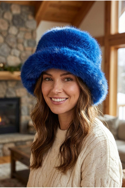 Kapin Saks Mavisi Suni Kürk Peluş Kalpak Şapka
