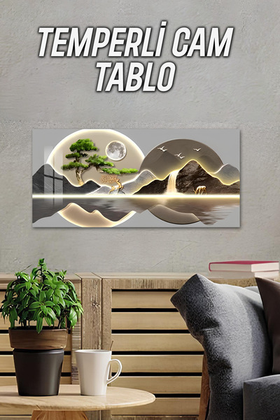 kutuTR 3D Görünümlü Temperli Cam Tablo – Ay ve Dağ Kompozisyonlu UV Baskı 60x30 cm - TVD020