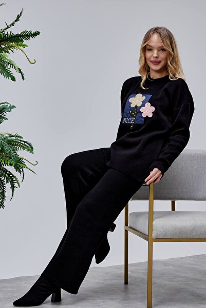 Jinx Wear Fashion Jeans Applique Pearl Detail 2 Piece Acrylic Women's Knitwear Set