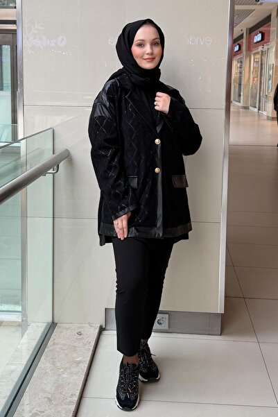 Ghisa Double-Breasted Collar Baklava Pattern Leather Combination Jacket