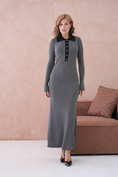 Noi Belis Maxi Boy Half Placket Button Polo Neck Knitwear Dress Aw25El0024