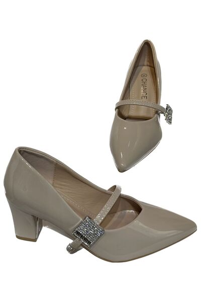 Chance Women's shoes with a wide, comfortable heel, made of glossy leather, featuring an elegant design with a strap at the center and side, adorned with stones.