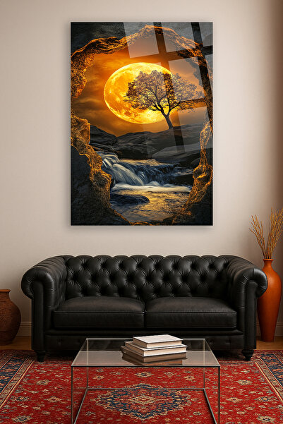 TAULART Wonderful Design Golden Moon and Waterfall Landscape Glass Painting–Fantastic Nature Decorative Modern Landscape Painting