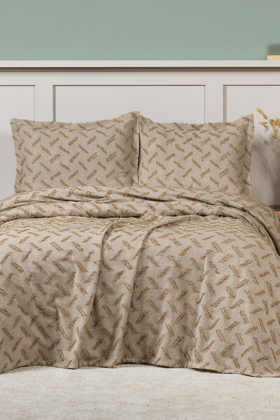 Elart Liya Bedspread Set Double Size Cotton Nordic Tufted 3 Pieces (230X250 cm) Beige