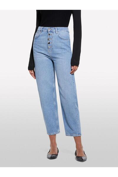 Sisley 100% Cotton Button Detail High Waist Straight Leg Denim Pants Women's Ice Blue Denim Trousers - 325P4I