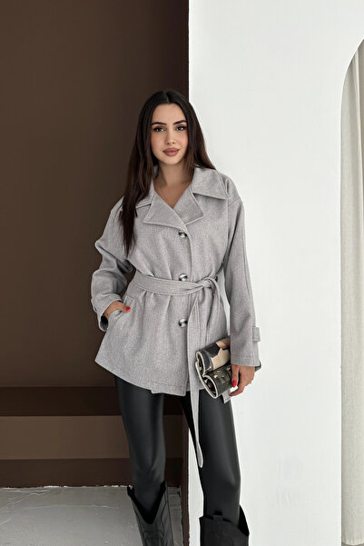 EFFEN Buttoned short cashmere coat with waist tie