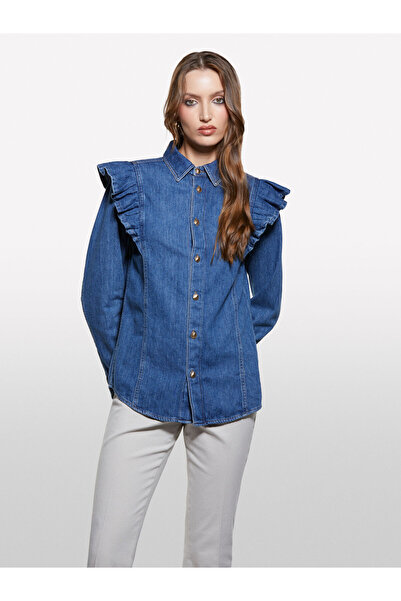 Sisley Cămașă de damă bumbac 100% din denim cu volane 325A53GELQ09N-SIS902