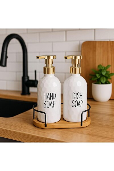 BUENOS 2li Bambu Standlı Porselen Mutfak sıvı Sabunluk