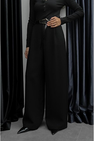 Havoş Black Wide Leg Belted Trousers