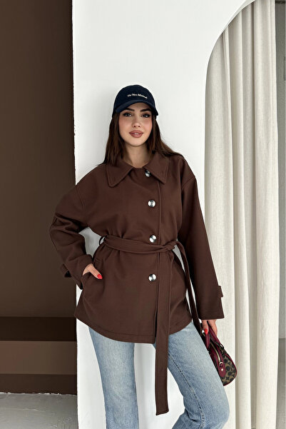 EFFEN Buttoned short cashmere coat with waist tie