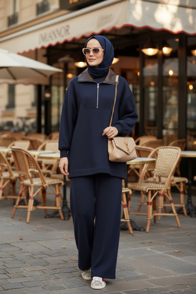 Aselim Hijap Moda Oslo Comfort Set – Thessaloniki Fabric Double Hijab Set Navy Blue