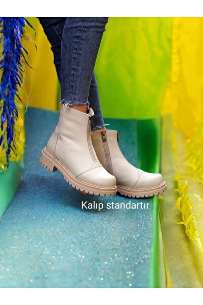 EREN SHOES BAG Braşov Genuine Leather Zipper Detailed Serrated Non-Slip Sole Women's Boots