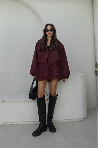 Havoş Burgundy Balloon Shorts Trench Coat Set