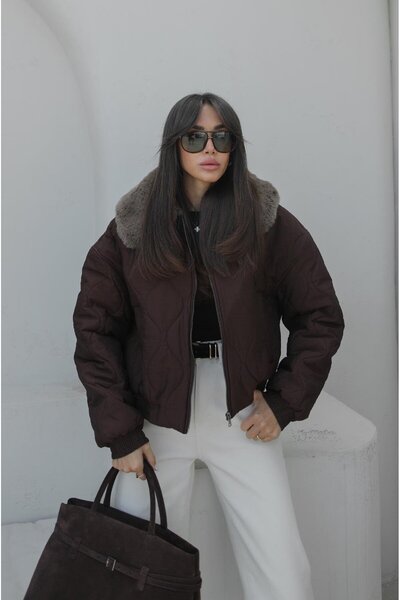 Havoş Brown Posey Fur Detailed Quilted Coat