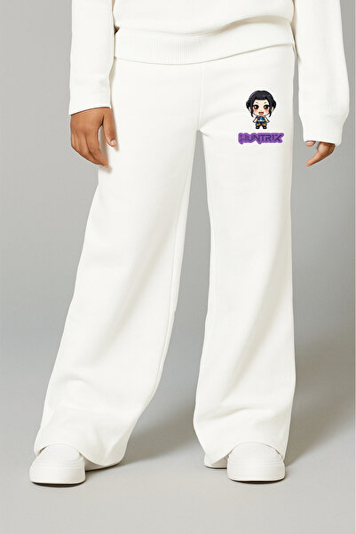 fasardi Kpop Demon Hunters Huntrix Zoey Printed 3 Thread Girls' Black Wide Leg Sweatpants - Comfortable