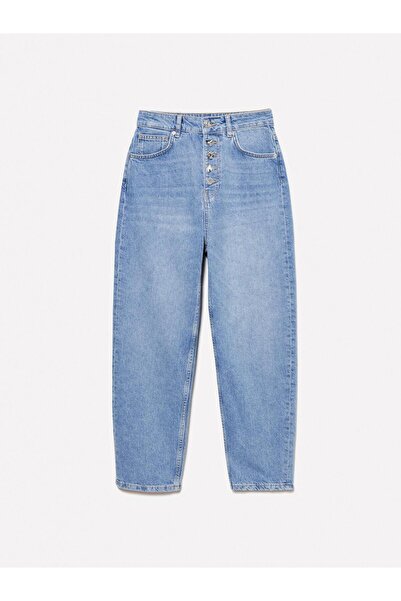 Sisley 100% Cotton Button Detail High Waist Straight Leg Denim Pants Women's Ice Blue Denim Trousers - 325P4I