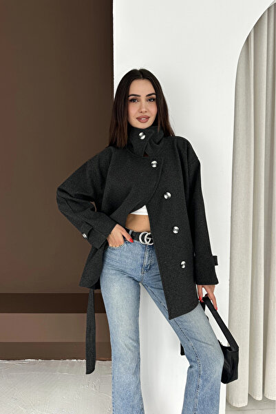 EFFEN Buttoned short cashmere coat with waist tie