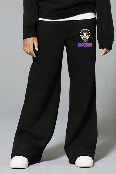 fasardi Kpop Demon Hunters Huntrix Zoey Printed 3 Thread Girls' Black Wide Leg Sweatpants - Comfortable