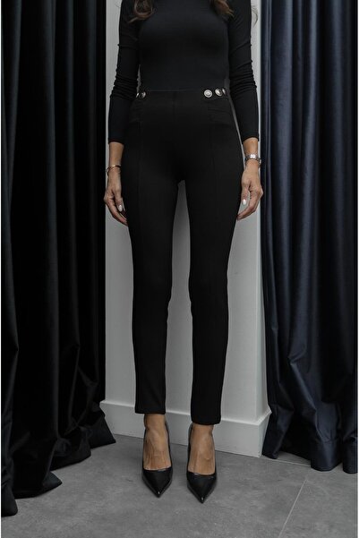 Havoş Black Gold Button Detailed Leggings Trousers