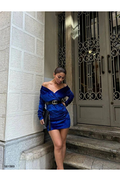 Butik Women's Long Sleeve Double-Breasted Neckline Off-The-Shoulder Belt Included Mini Velvet Dress