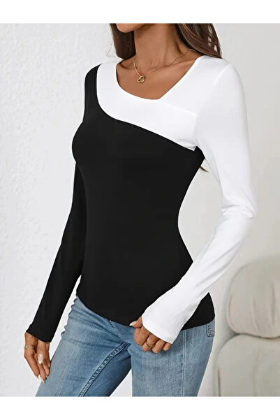 JARDİN ALLURE Women's Long Sleeve Geometric Collar Detailed Double Color Viscose Blouse