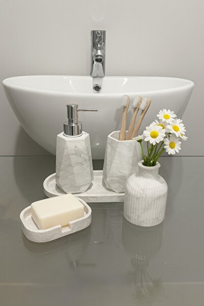 Elizovi Mermer Dokulu 5 Parça Lüks Banyo Seti – Sıvı Sabunluk, Fırçalık, Sabu...