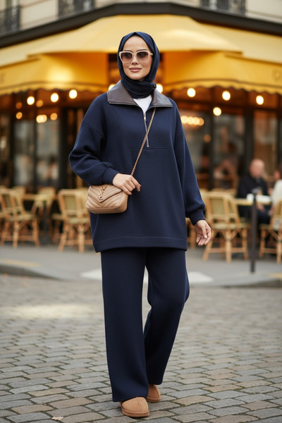 Aselim Hijap Moda Oslo Comfort Set – Thessaloniki Fabric Double Hijab Set Navy Blue