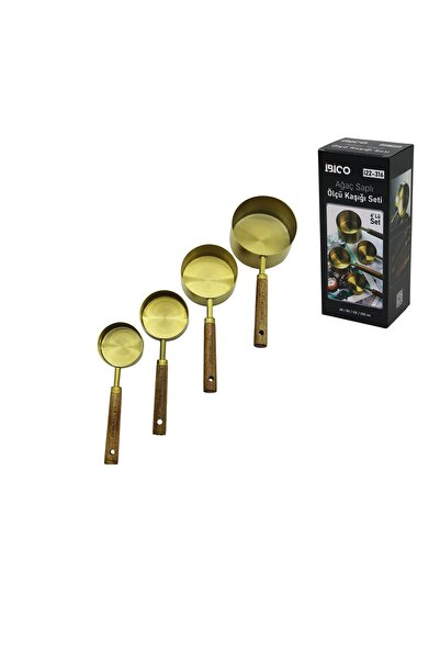 Marsilyan 4 Pcs Gold Metal Measuring Spoon Set Authentic Wooden Handle 250ml - 125ml - 80ml - 60ml (4940)