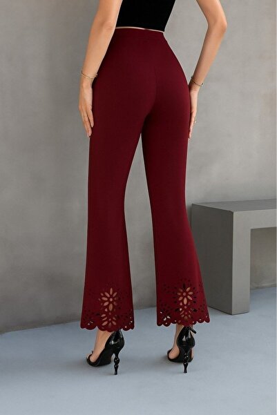 JANES Women's High Waist Expanding to the Leg Laser Flower Cut Detailed Imported Crepe Trousers